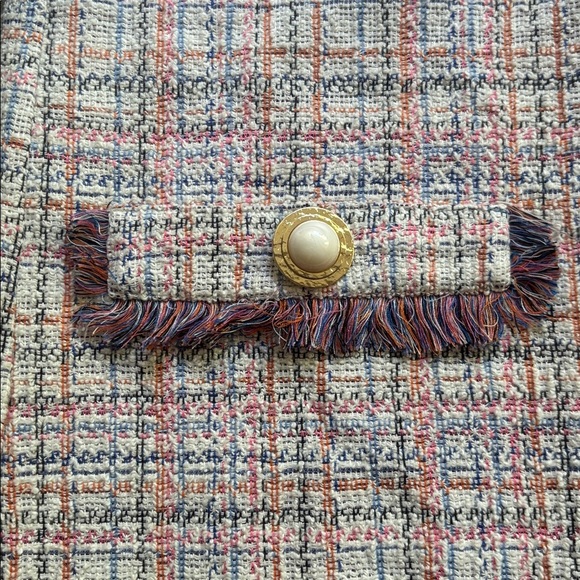 Zara |White Multicolor Pastel Tweed Fringe Frayed Hem Pearl Button Shift Dress S - Picture 6 of 15